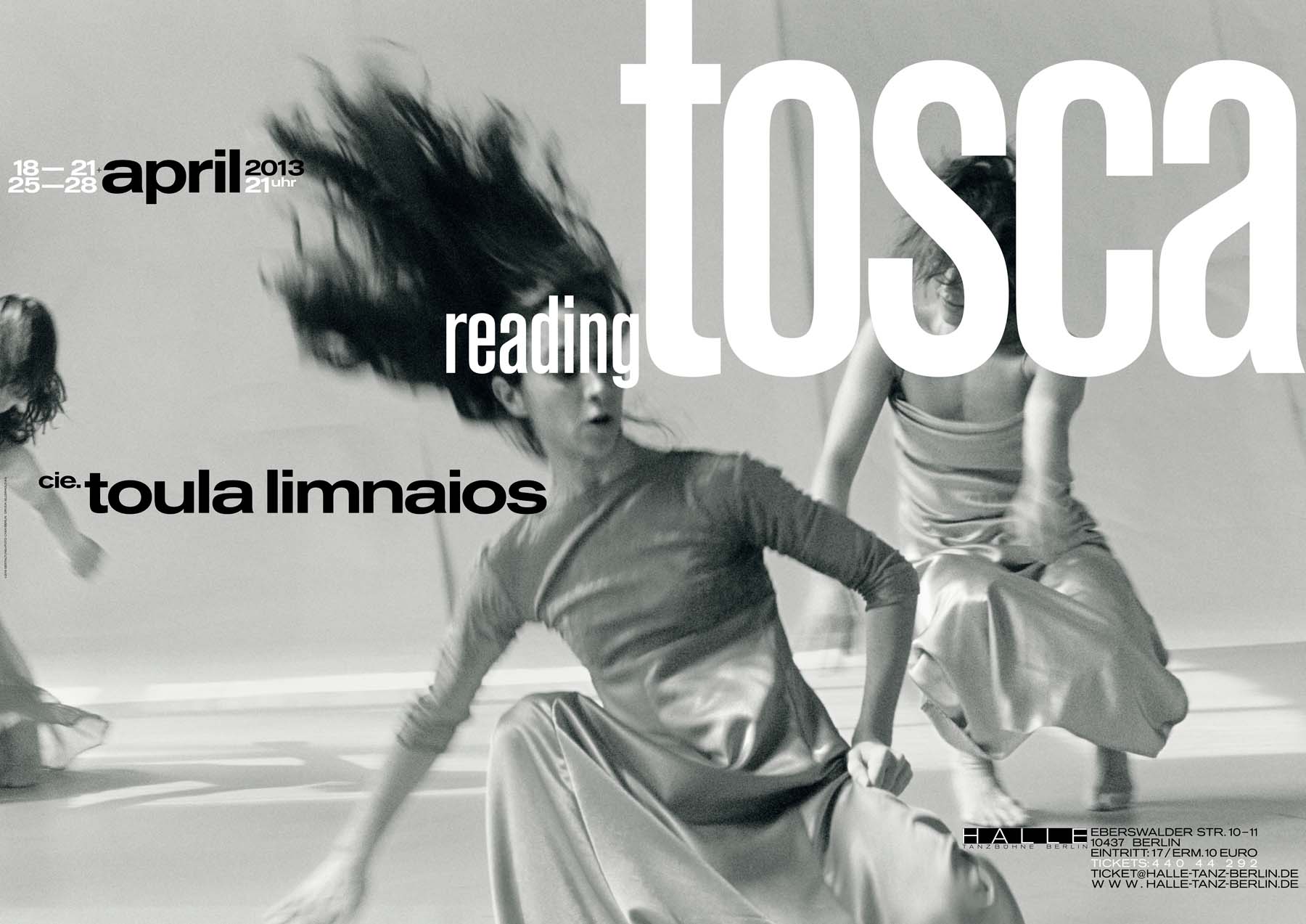 Poster for the dance piece »reading tosca« by cie. toula limnaios in black and white, showing two dancers in flowing dresses moving dynamically with strong motion blur.