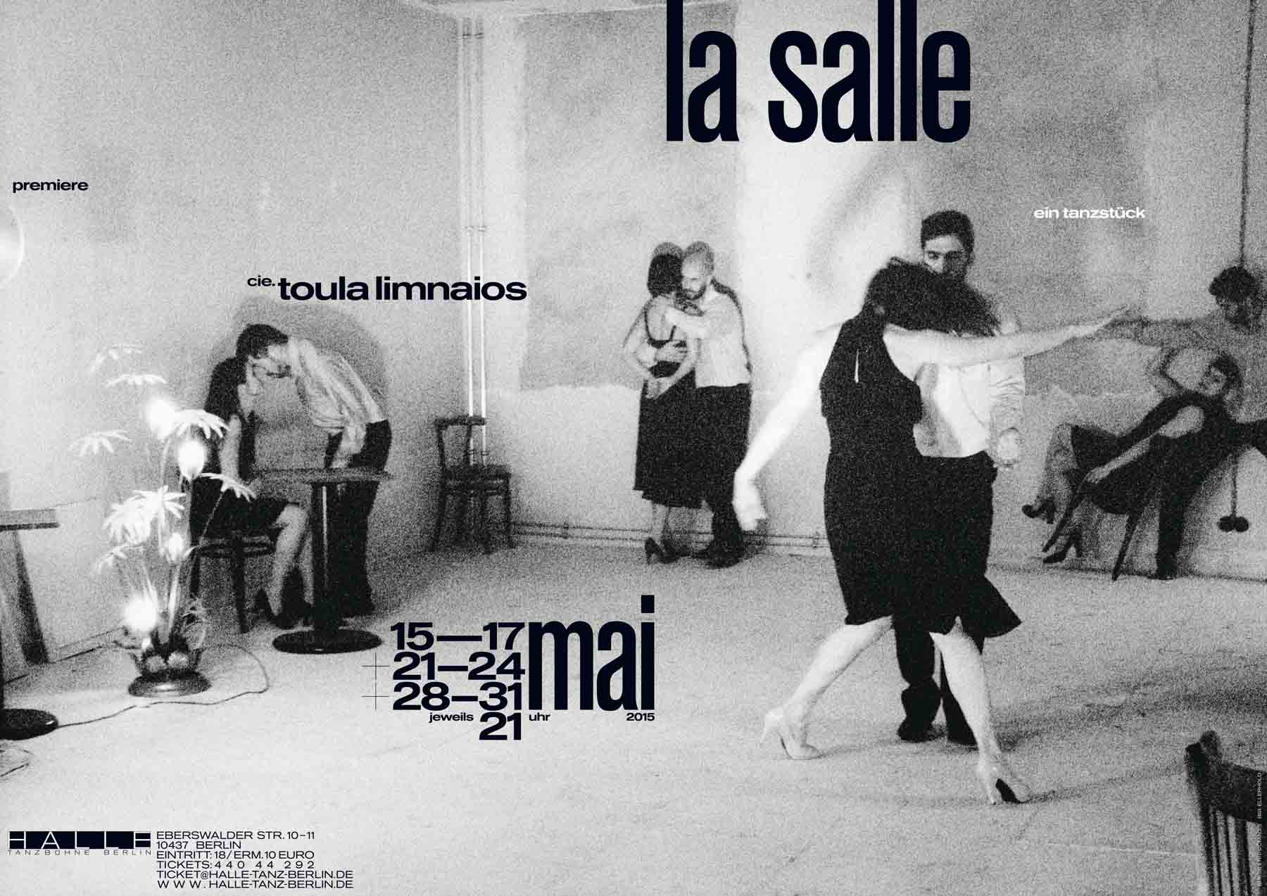 Poster for the dance piece »la salle« by cie. toula limnaios showing several couples in back and white dancing indoors in formal clothing.
