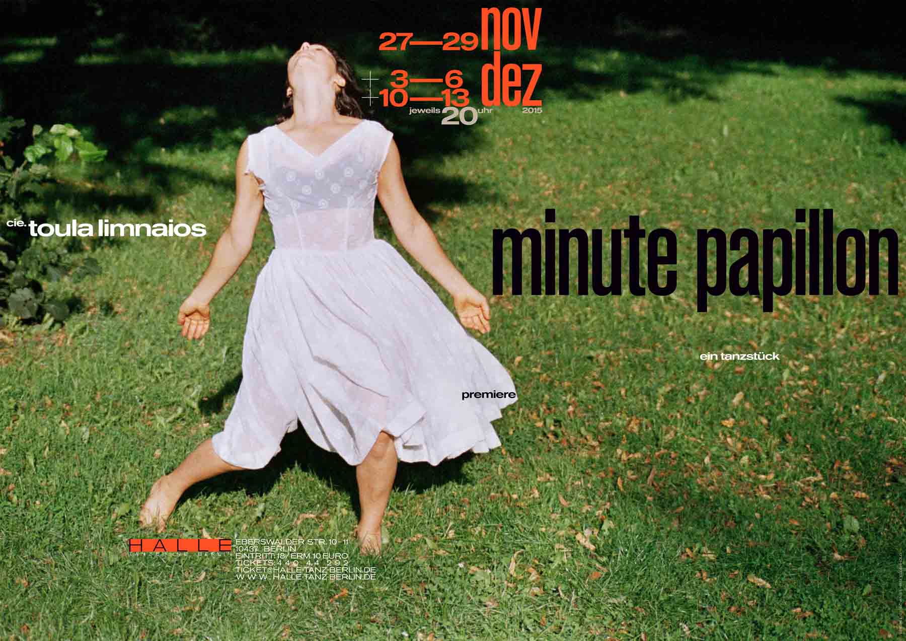 Poster for the dance piece »minute papillon« by cie. toula limnaios showing a dancer in a white dress on grass, head tilted back.