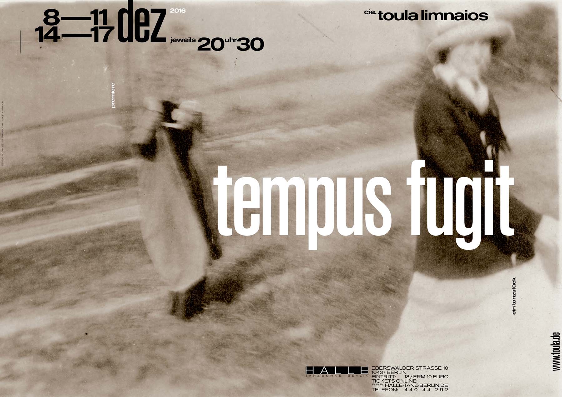 Poster for the dance piece »tempus fugit« by cie. toula limnaios showing two blurred figures in historical clothing in a windy landscape in Sepia.