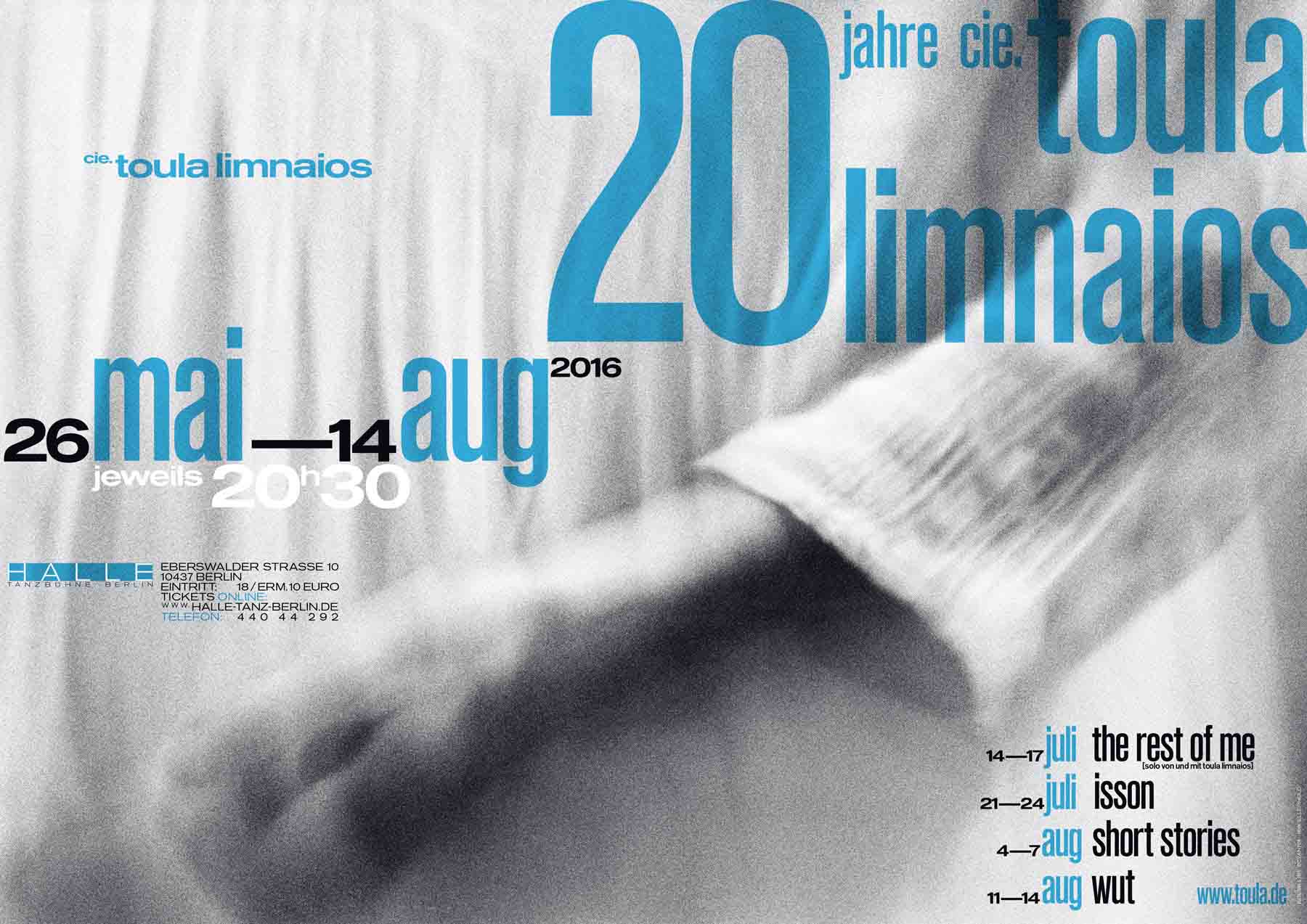 Poster for the anniversary »20 jahre cie. toula limnaios« showing an abstract, blurred close-up of a body in blue-grey tones.