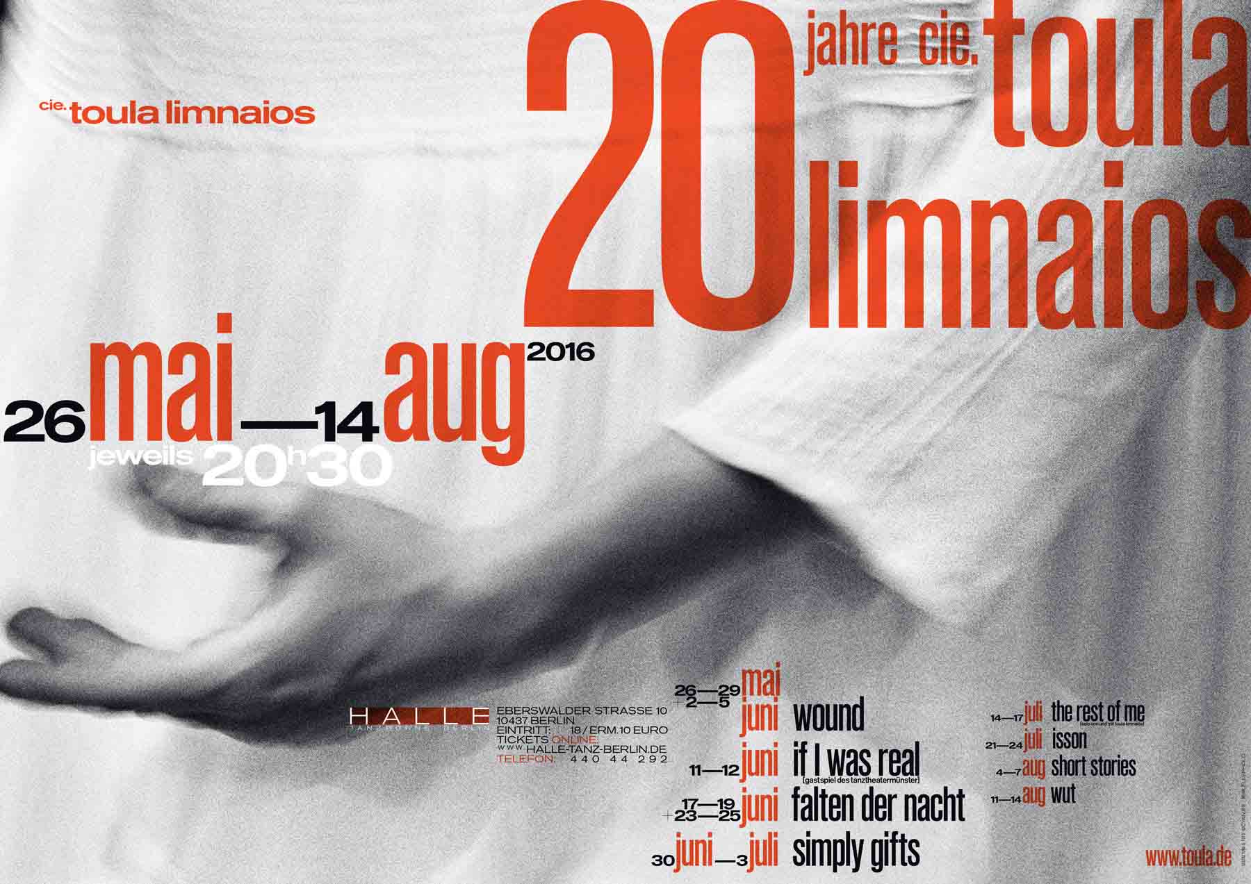 Poster for the anniversary »20 jahre cie. toula limnaios« showing an abstract, blurred close-up of a body in red-grey tones.