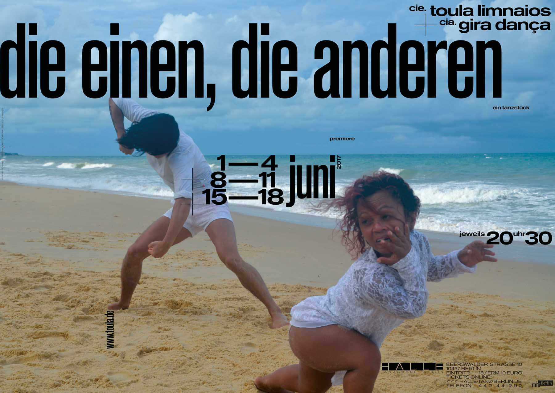 Poster for the dance piece »die einen, die anderen« by cie. toula limnaios showing two dancers on a beach in strong, contrasting movement.