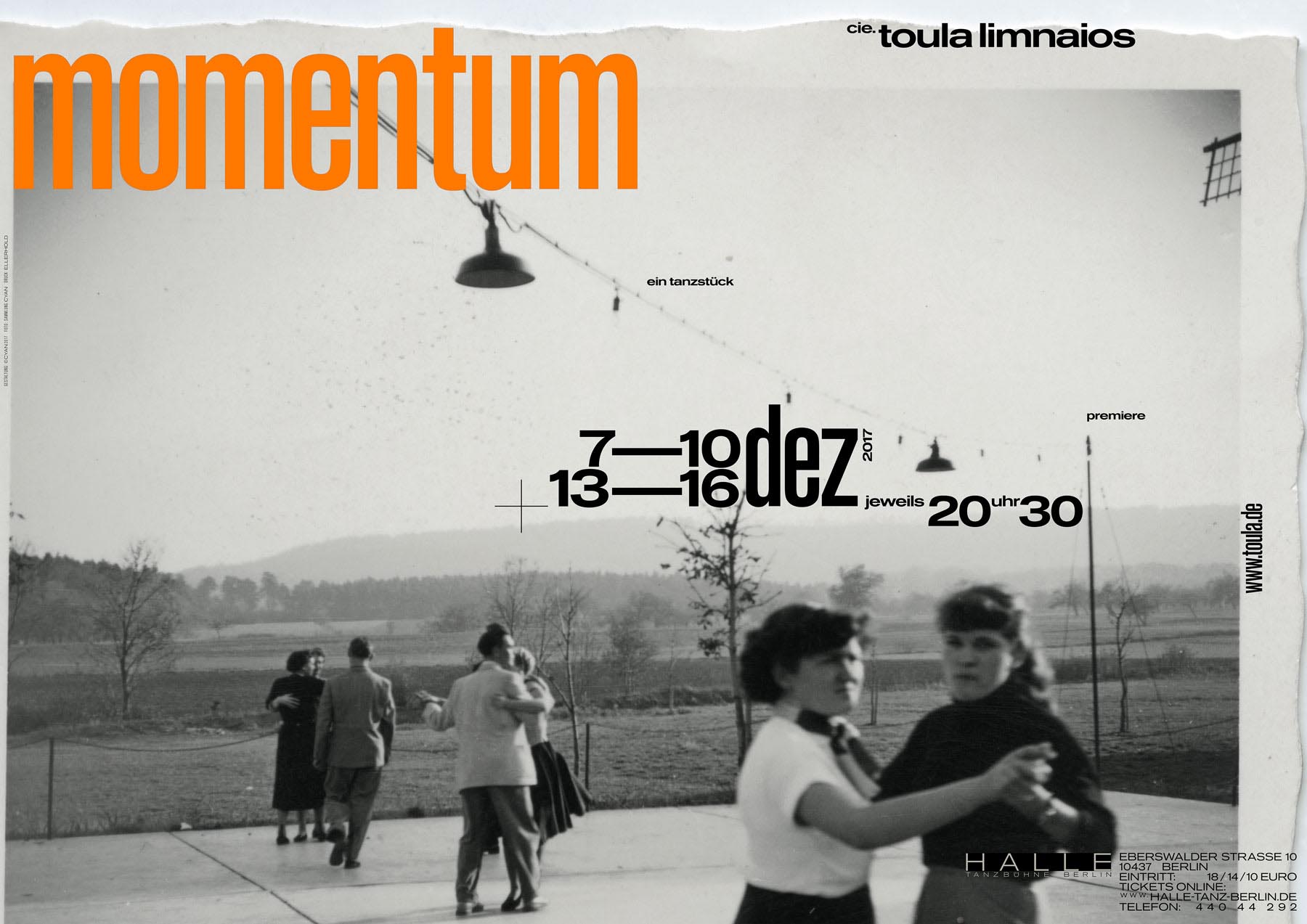 Poster for the dance piece »momentum« by cie. toula limnaios showing several couples dancing outdoors in a blurred black-and-white image.