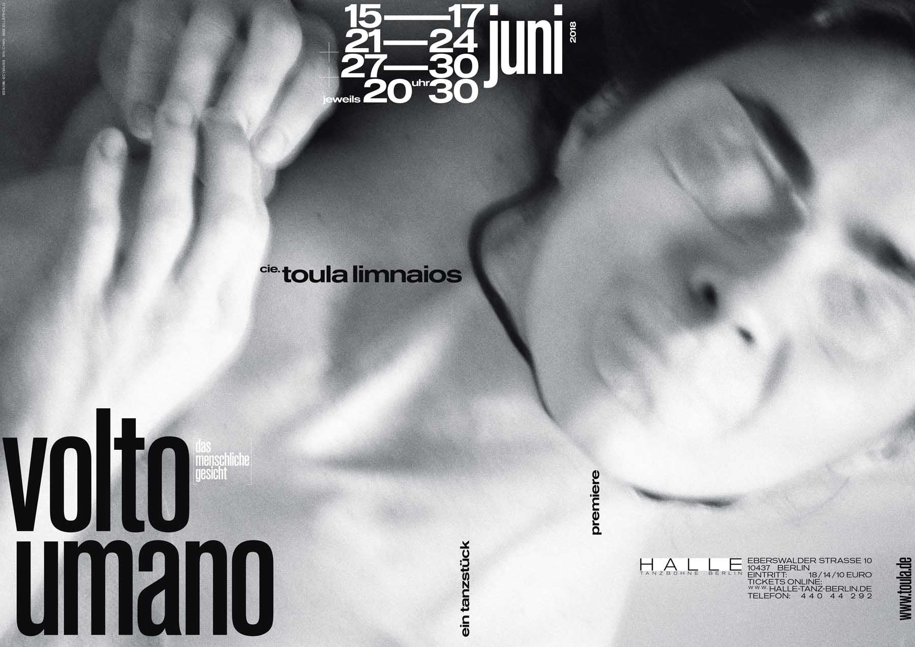 Poster for the dance piece »volto umano« by cie. toula limnaios showing a reclining person with taped eyes and mouth in black and white.