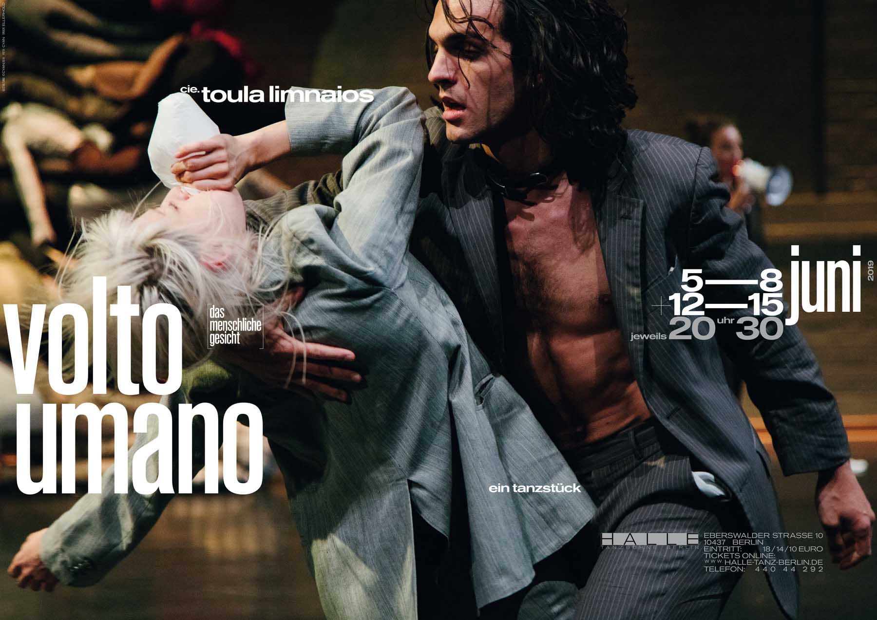 Poster for the dance piece »volto umano« by cie. toula limnaios showing a reclining person with taped eyes and mouth in black and white.