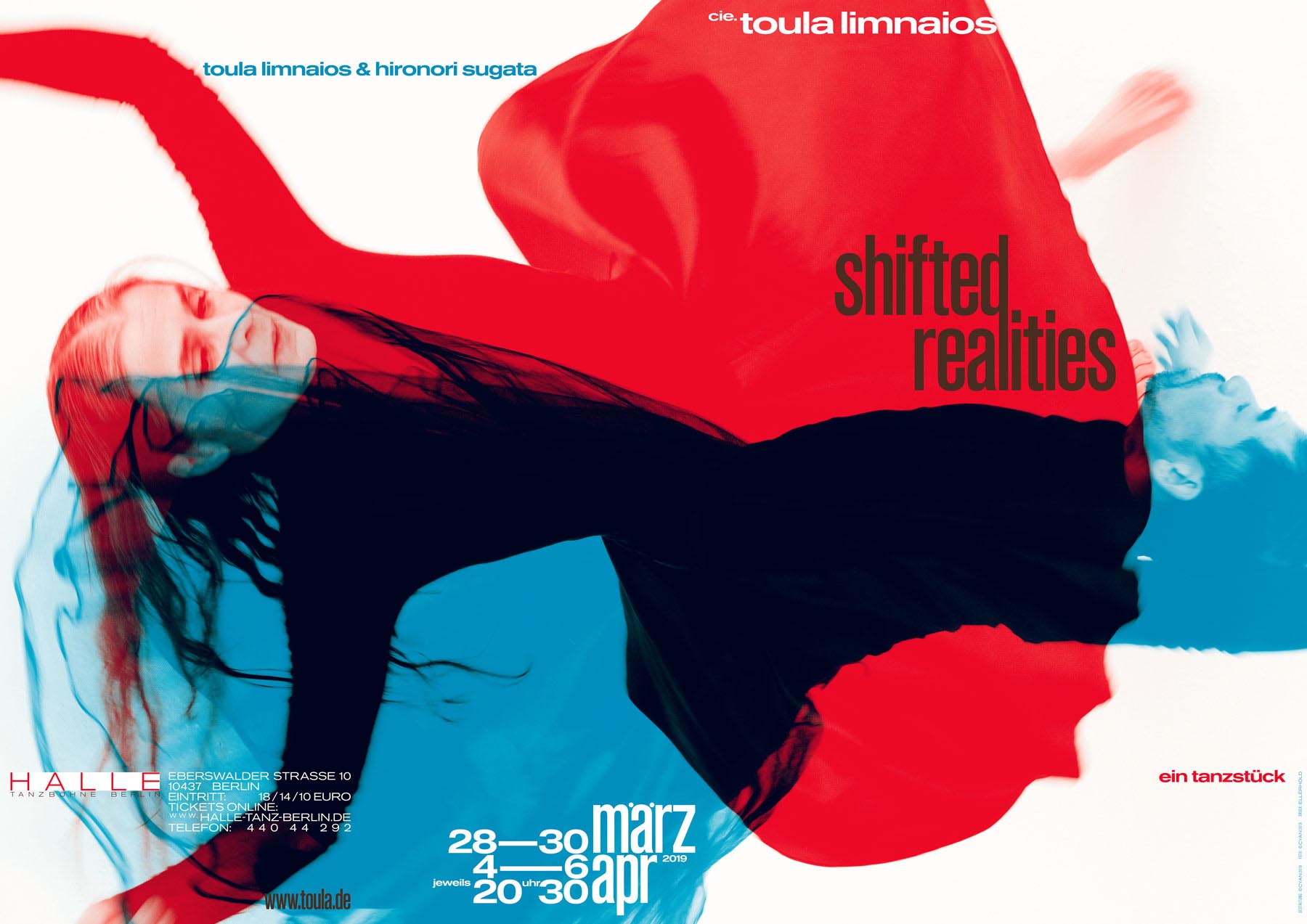 Poster for the dance piece »shifted realities« by cie. toula limnaios showing two layered bodies in red and blue.