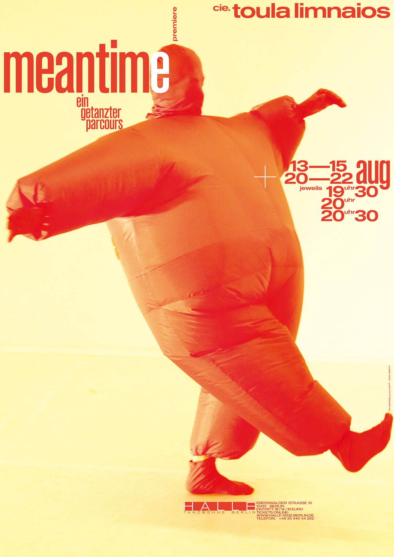 Poster for the dance piece »meantime« by cie. toula limnaios showing a person in an inflated red suit in expansive motion.