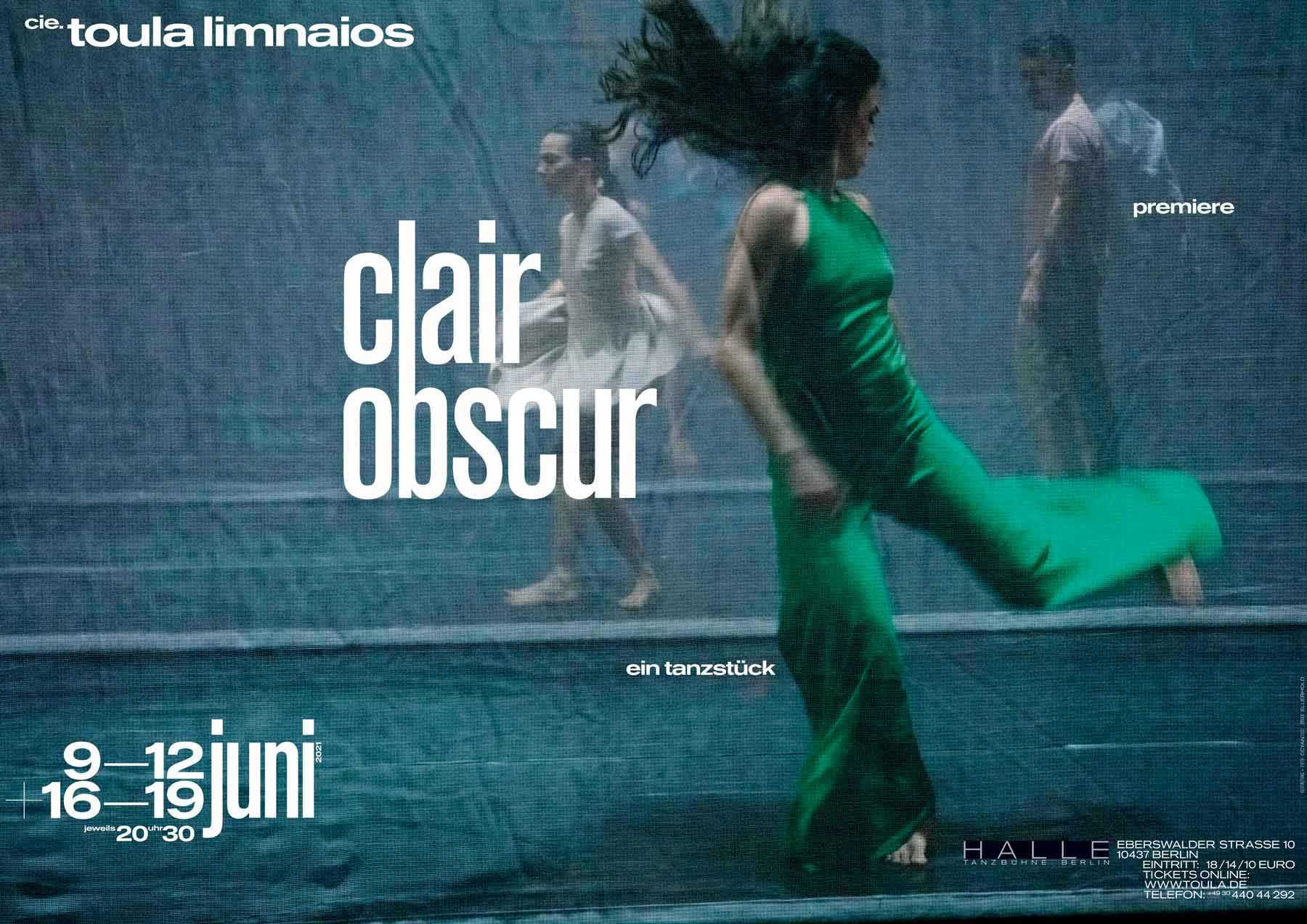 Poster for the dance piece »clair obscur« by cie. toula limnaios showing a dancer in a green costume in dynamic motion.