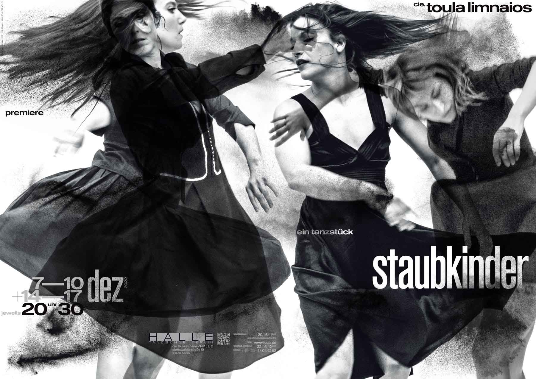 Poster for the dance piece »staubkinder« by cie. toula limnaios showing several dancers in layered motion in black and white.