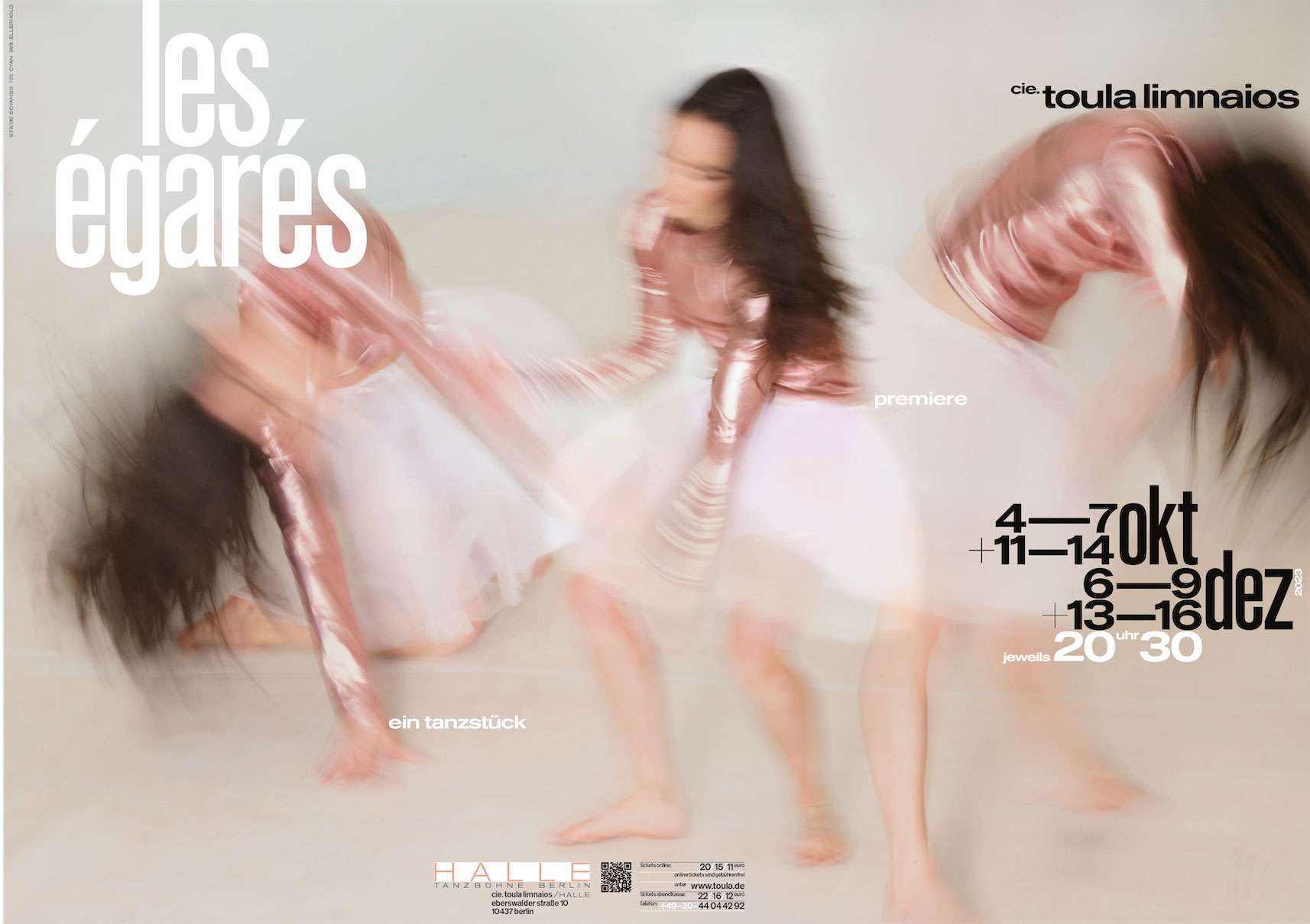 Poster for the dance piece »les égarés« by cie. toula limnaios, featuring a blurred depiction of a dancer in motion along with performance dates.