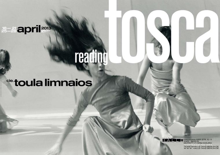 Poster for the dance piece »reading tosca« by cie. toula limnaios in black and white, showing two dancers in flowing dresses moving dynamically with strong motion blur.
