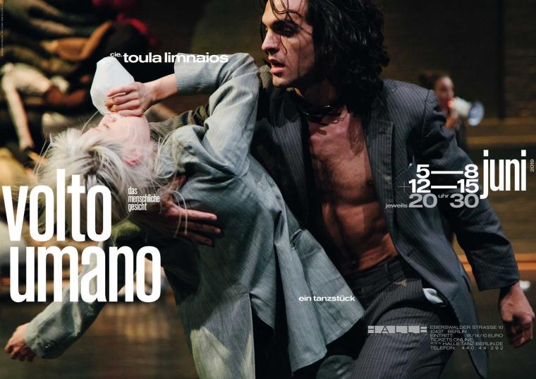 Poster for the dance piece »volto umano« by cie. toula limnaios showing a reclining person with taped eyes and mouth in black and white.