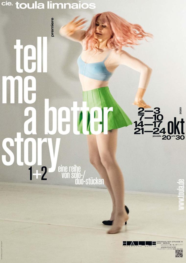 Poster for the dance piece »tell me a better story 2« by cie. toula limnaios showing a dancer in a colourful costume and a pink wig in a jumping motion.