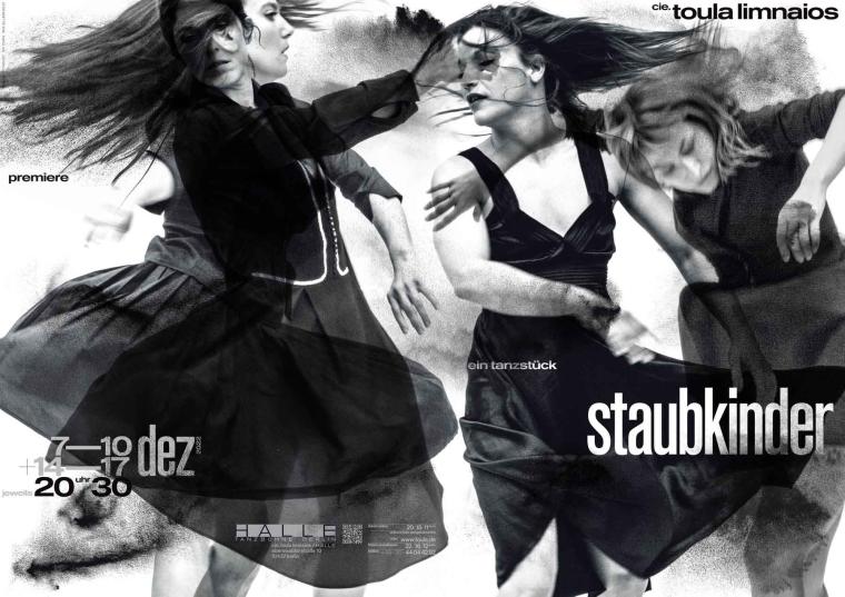 Poster for the dance piece »staubkinder« by cie. toula limnaios showing several dancers in layered motion in black and white.