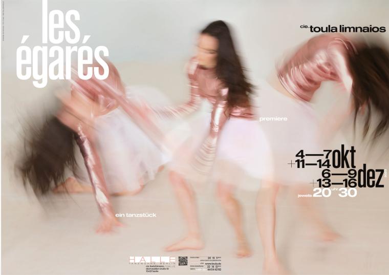 Poster for the dance piece »les égarés« by cie. toula limnaios, featuring a blurred depiction of a dancer in motion along with performance dates.