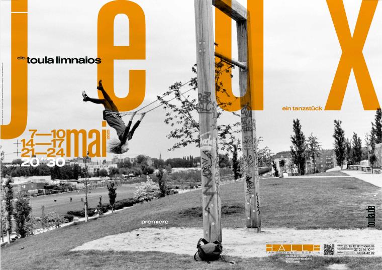 Poster for the dance piece »jeux« by cie. toula limnaios in black and white with bold orange typographic elements, showing a person hanging upside down on playground equipment outdoors.